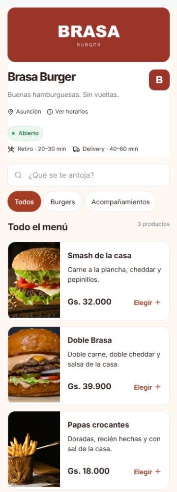 Menú de Brasa Burger en Acomeer: productos, fotos y precios en guaraníes