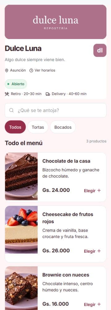 Menú de Dulce Luna en Acomeer: productos, fotos y precios en guaraníes