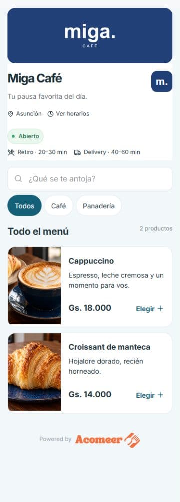 Menú de Miga Café en Acomeer: productos, fotos y precios en guaraníes