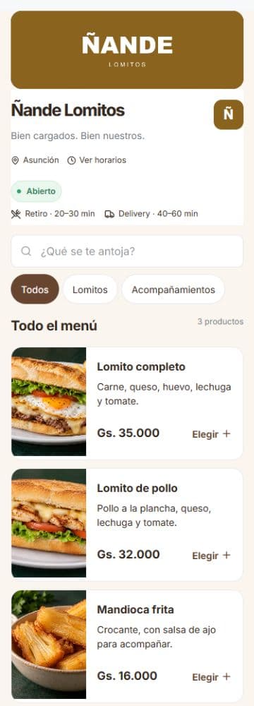 Menú de Ñande Lomitos en Acomeer: productos, fotos y precios en guaraníes